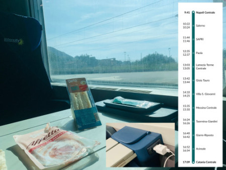 064 Towards Sicilia, Lunch in a relaxing seat, 7h28m  travel,with power outlet but no Wi-Fi